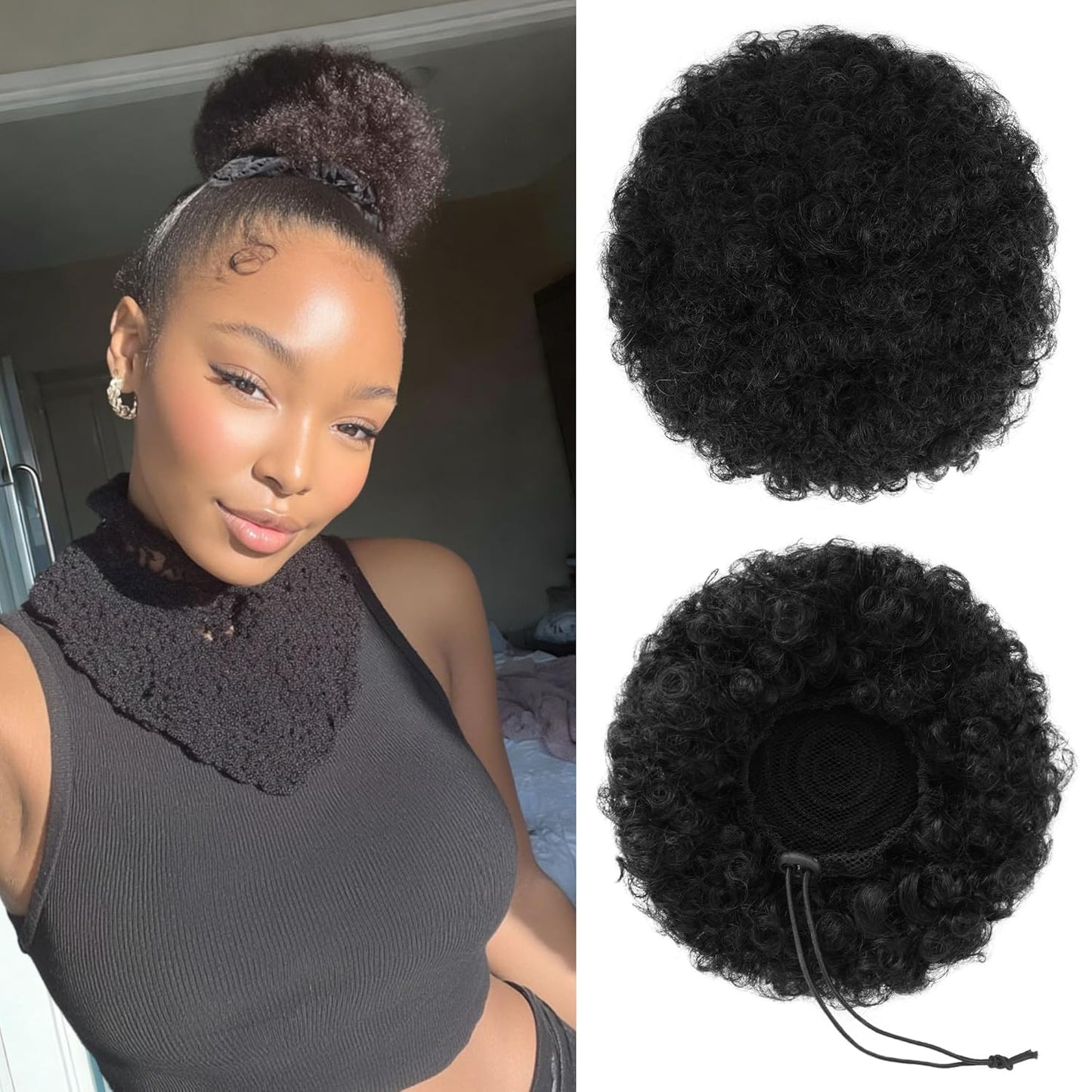 Human Hair Afro Puff Drawstring Ponytail - Kinky Curly Short Extensions for Black Women | Medium Size - 1B Natural Black