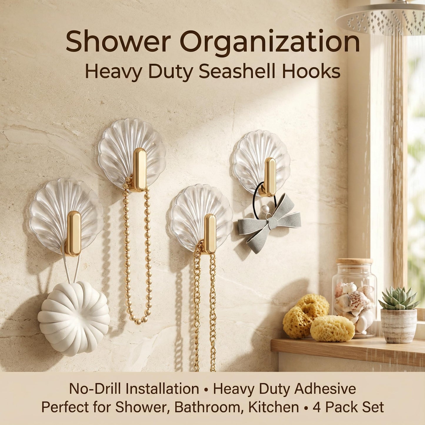 4 Pack Seashell Adhesive Wall Hooks, Decorative Shell Hangers for Towels Keys Jewelry, Heavy Duty No-Drill Hooks for Bathroom Shower Kitchen, Coastal Home Decor Gift (Clear with Gold Hook)