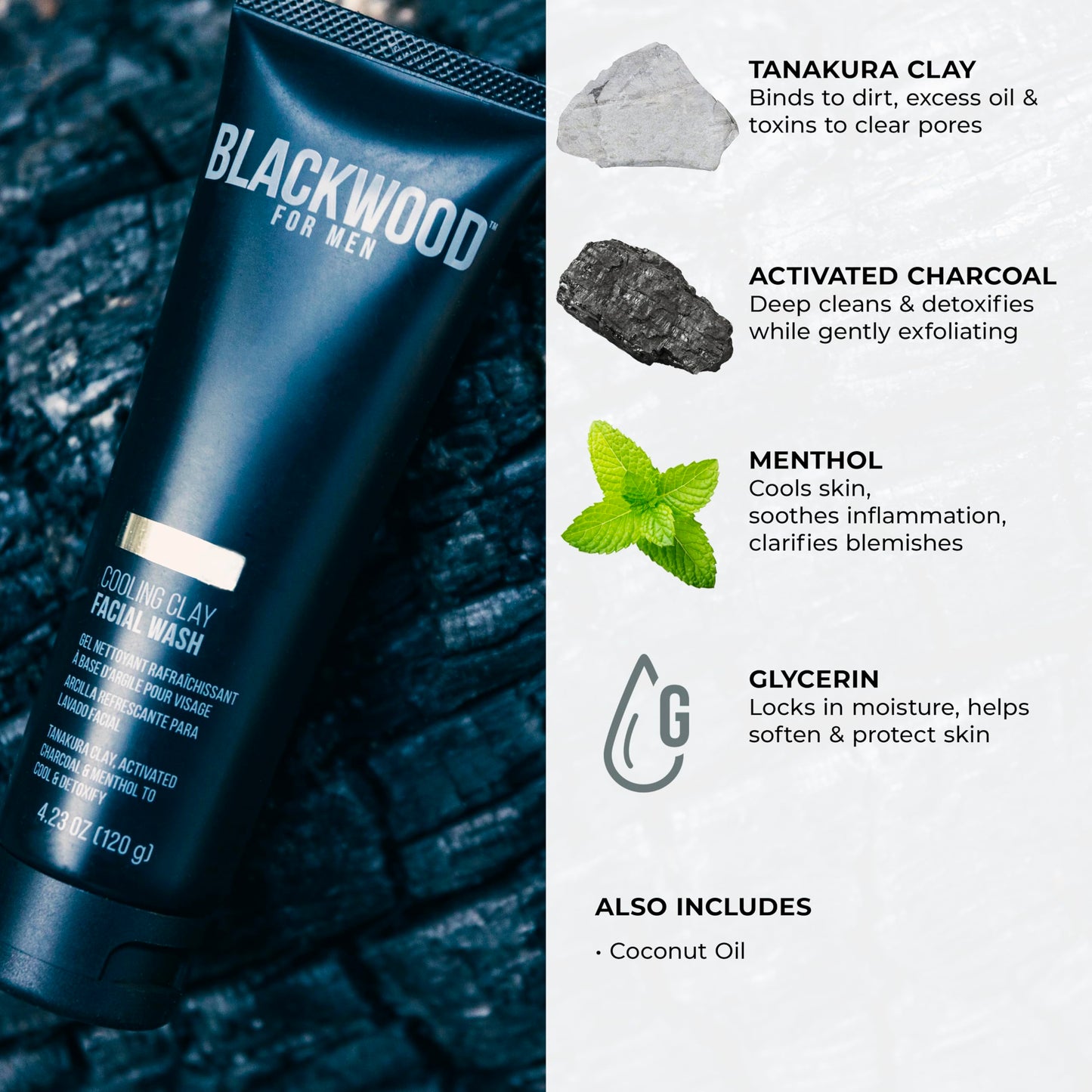 Blackwood For Men Cooling Clay Face Wash - Activated Charcoal, Menthol, & Tanakura Clay Cleanser & Mask for Deep Cleansing & Acne Treatment - Sulfate Free, Paraben Free, & Cruelty Free (4.23 oz)