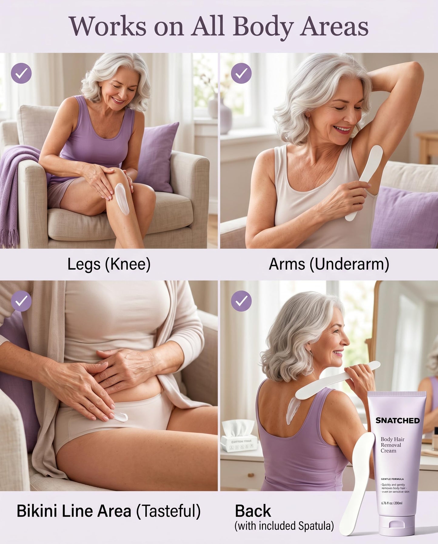Snatched Hair Removal Cream for Woman Aged 65+, Plant-Based Hair Removal Cream for Women & Men, Fast-Acting Depilatory Cream for Legs, Arms, Underarms & Bikini Area, Smooth Skin Care (1)