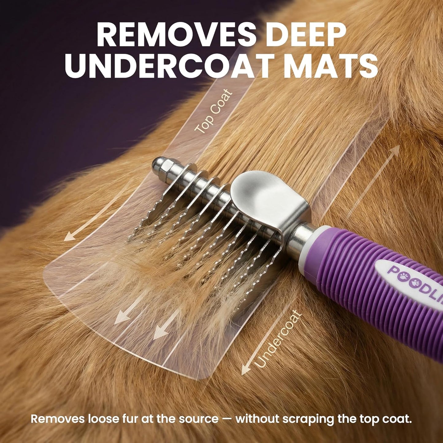 Poodle Dematting Fur Rake Comb - 2.5" Steel Blades for Dogs & Cats | Detangle Matted Undercoat Hair
