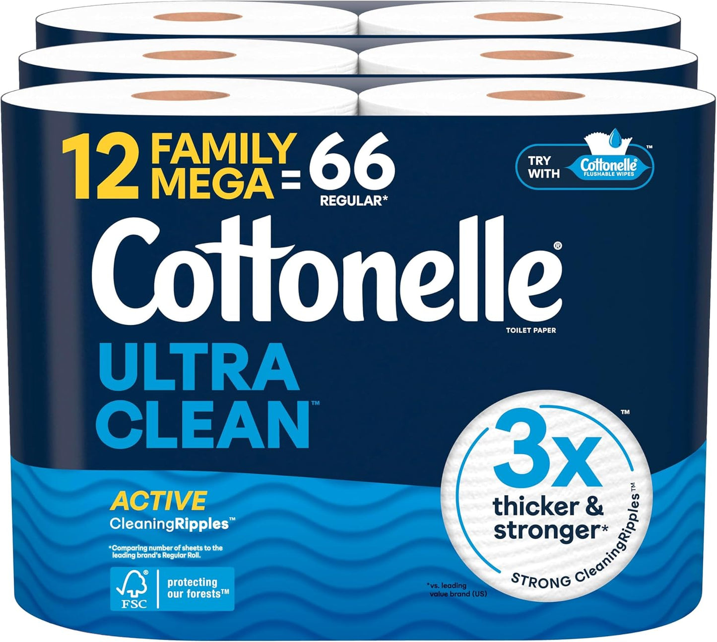 Cottonelle Ultra Clean Toilet Paper - Active Cleaning Ripples Texture, 24 Mega Rolls | Strong Bath Tissue