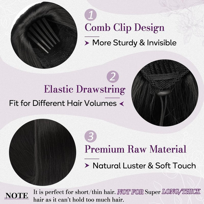 Black Straight Drawstring Ponytail Extension - 16 Inch Soft Synthetic Hairpiece for Daily Wear & Cheer Competitions