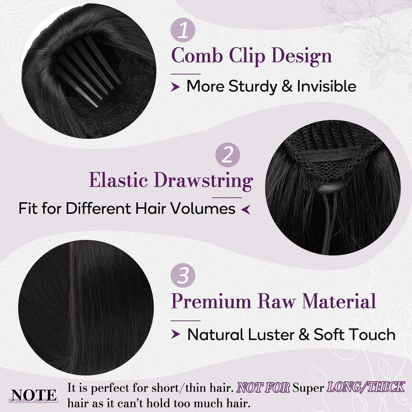 Black Straight Drawstring Ponytail Extension - 22 Inch Natural-Looking Soft Synthetic Hairpiece for Daily Wear | Cheer & Party