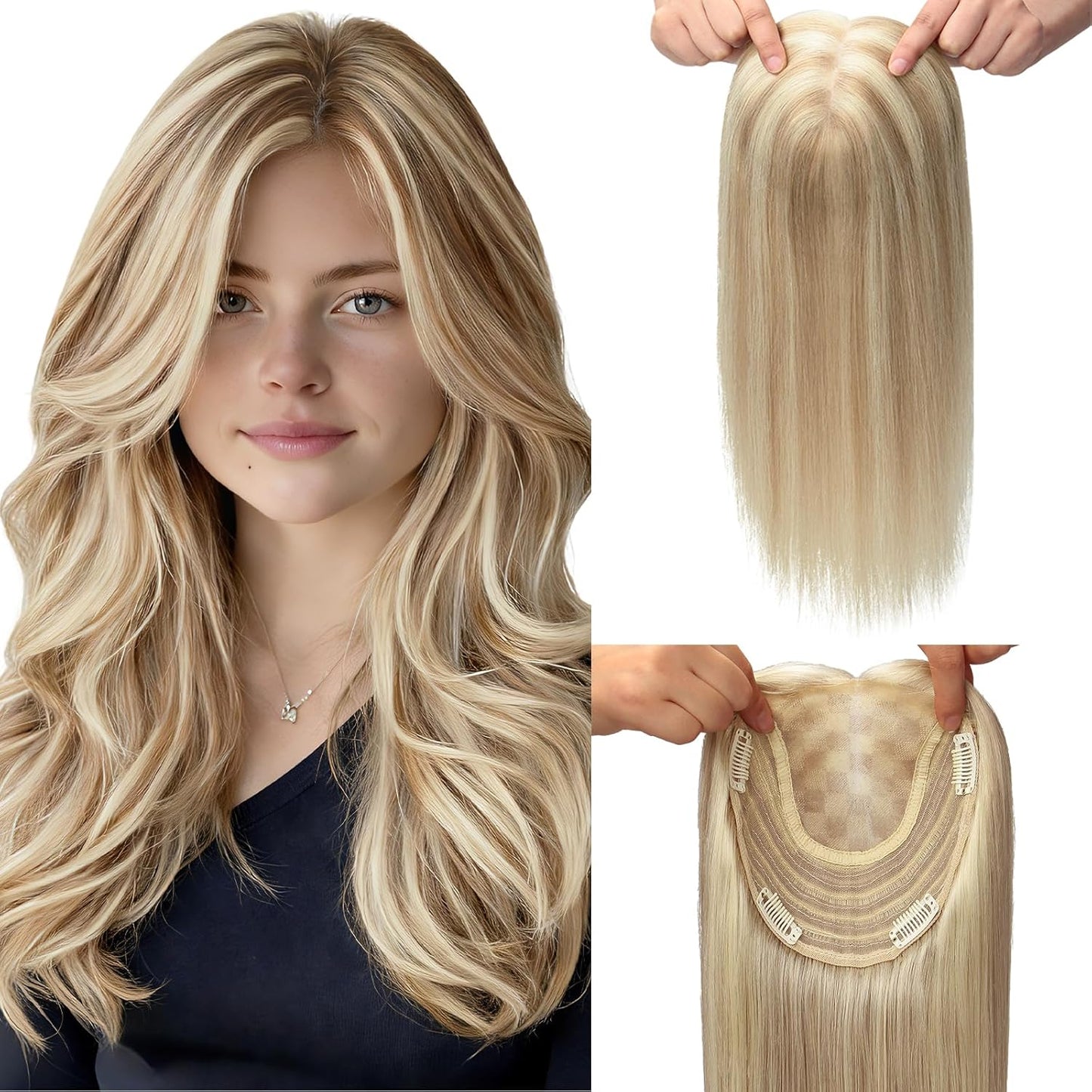 Hair Toppers for Women - Real Human Hair 6x7 Inch Large Base | Balayage Ash Brown to Golden Blonde, 12 Inch Volume Boost