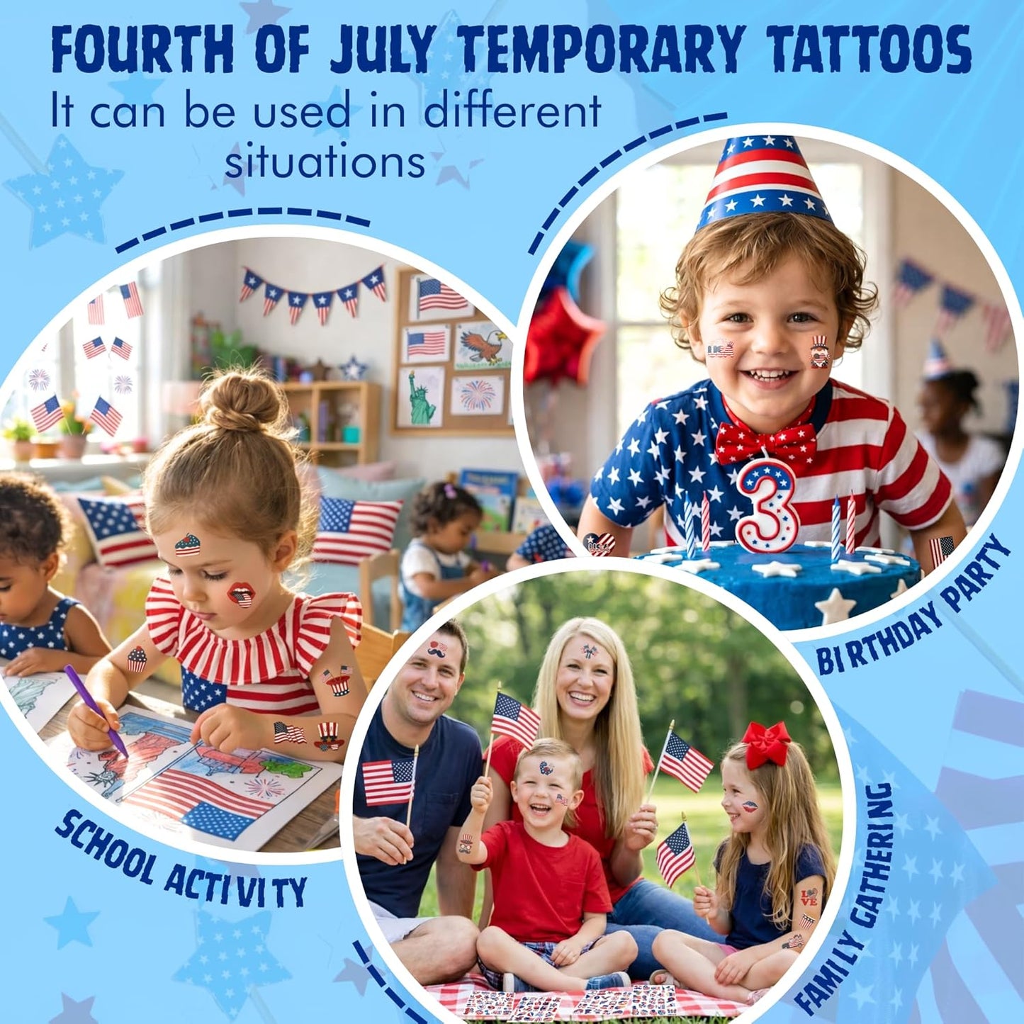 Fourth of July Temporary Tattoos - 105 Patriotic USA Stickers for Party Favors | Red, White & Blue Designs