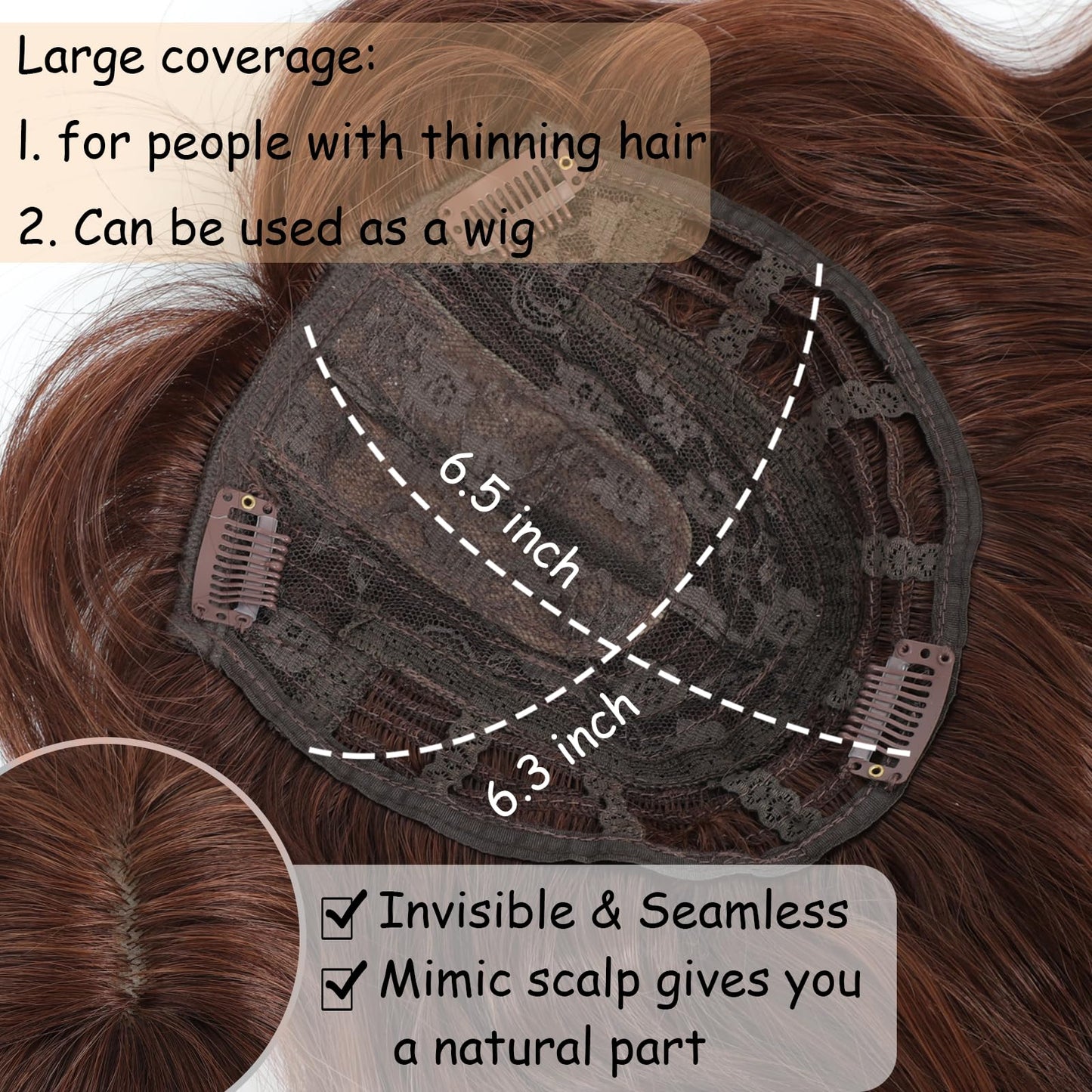 16 Inch Hair Topper for Women with Thinning Hair, Synthetic Curly Wavy Clip-In Topper with Wispy Bangs Natural Looking Crown Coverage Lightweight Hair Piece for Volume(Auburn Brown)