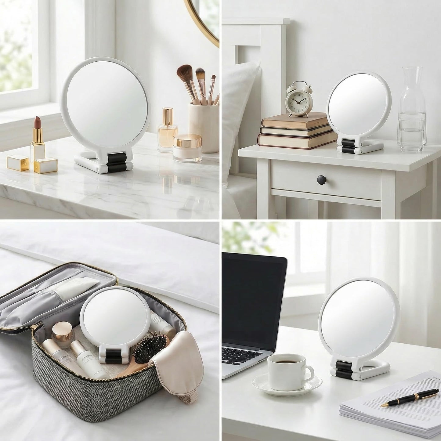 Magnifying Handheld Mirror Double Sided, 1X and 60X Magnification Hand Mirror, Travel Folding Hand Held Makeup Mirror with 360° Rotation Pedestal for Vanity, Dressing Table and Daily Use White