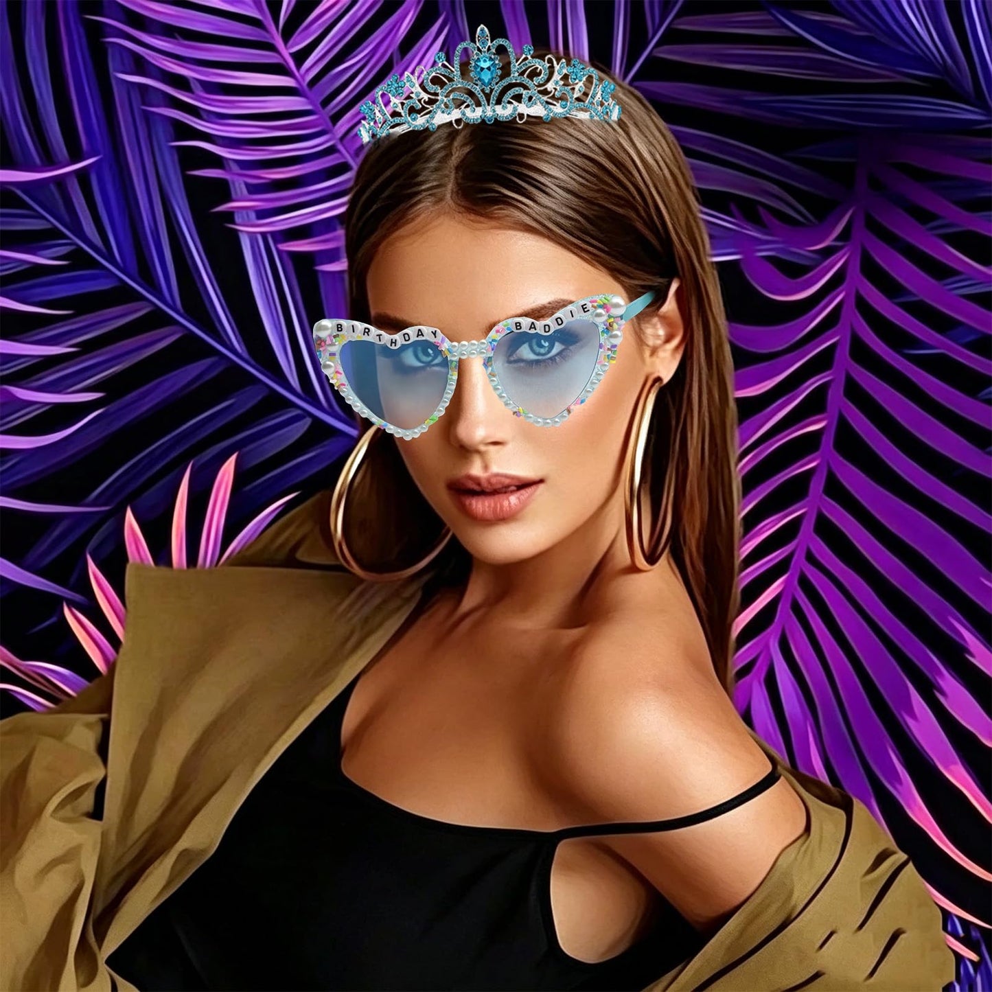 PcwBcn Birthday Baddie Glasses, Blue Birthday Queen Sash Tiara Crown for Women Girls, 3 Pcs Elegant Princess Headband Hair Accessories Happy Birth Party Decorations 21st-90th Mom Birth Gifts