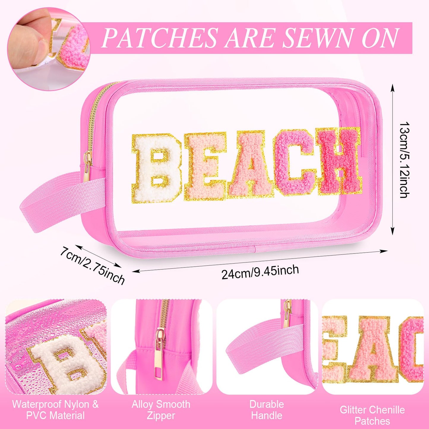 Kacctyen Letter Clear Makeup Bags Beach Pouch Pink Preppy Patch Clear Travel Bag with Handle Chenille Nylon Cosmetics Waterproof Sandproof Bags Toiletry Storage Snack Sunscreen Pouch for Women