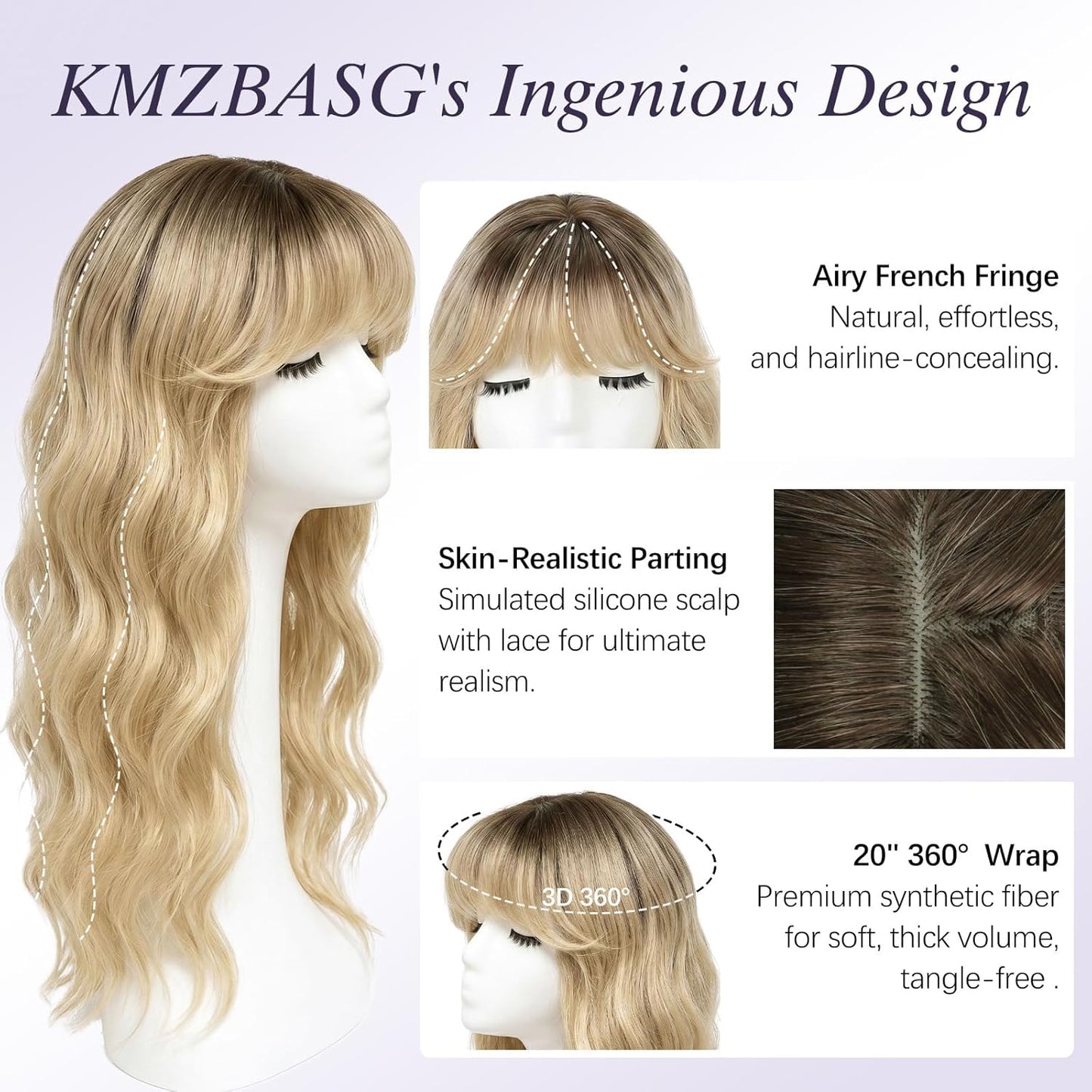 360 3D Hair Toppers for Women - Big Base Clip-In Hair Pieces, 20-Inch Long Wavy Style with French Bangs | 7x7 Inches Synthetic Fiber