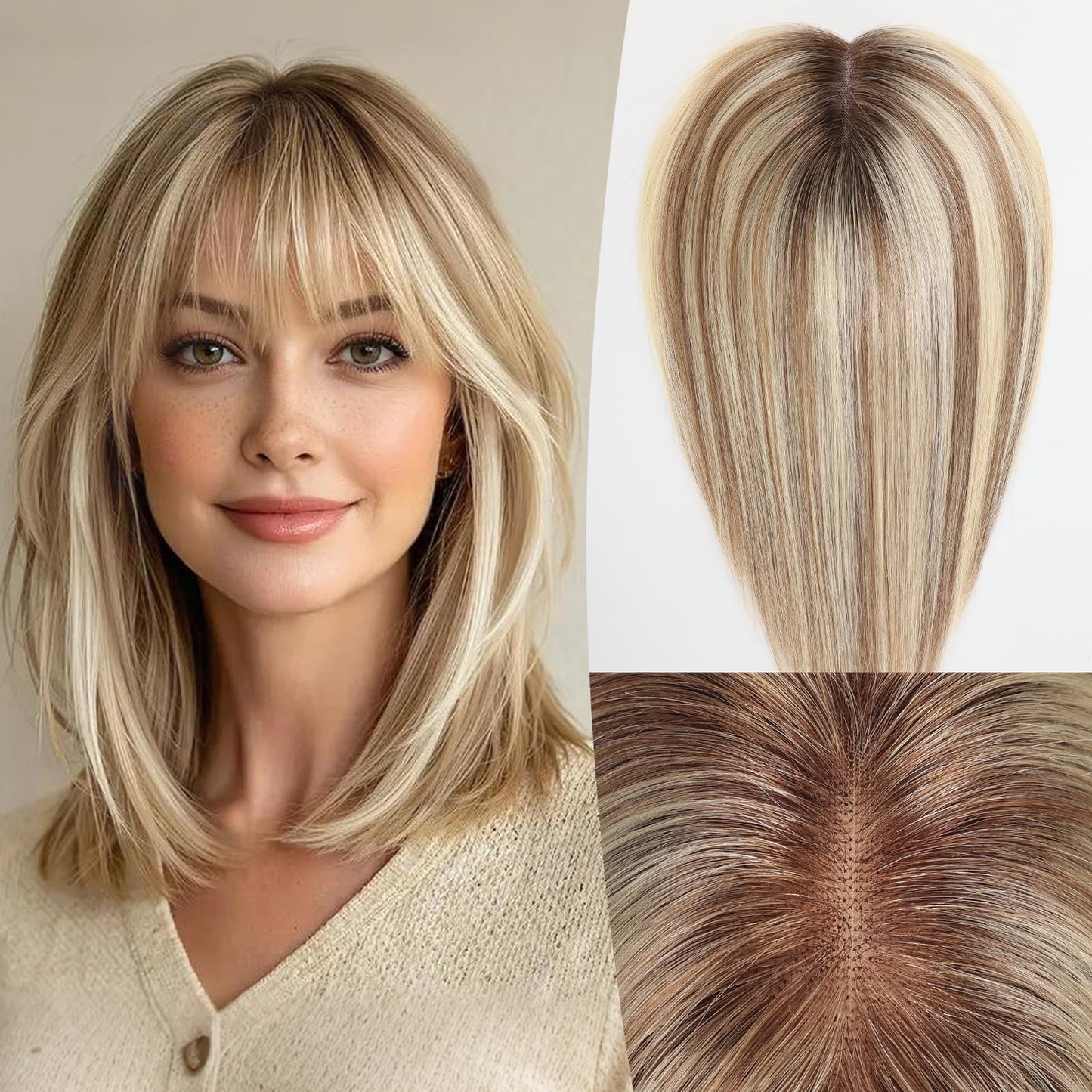 EMMOR 14 Inch Human Hair Topper for Women - 5" × 6" Upgrade Swiss Lace Base with 3 Non-Slip Clips, 100% Real Hair Toppers for Thinning Hair & Natural Looking-Straight Bang(#005)