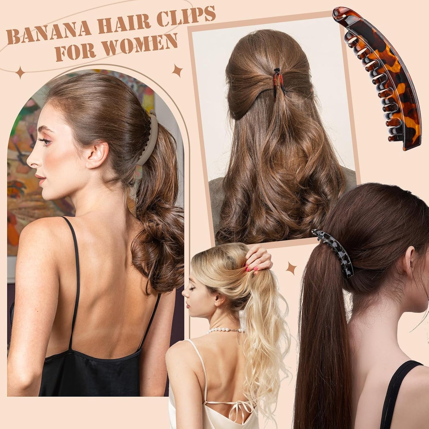 Banana Hair Clips for Women - 8PCS Cute Tortoise & Solid Color Claw Clips | All-Day Hold for Thin/Thick Hair