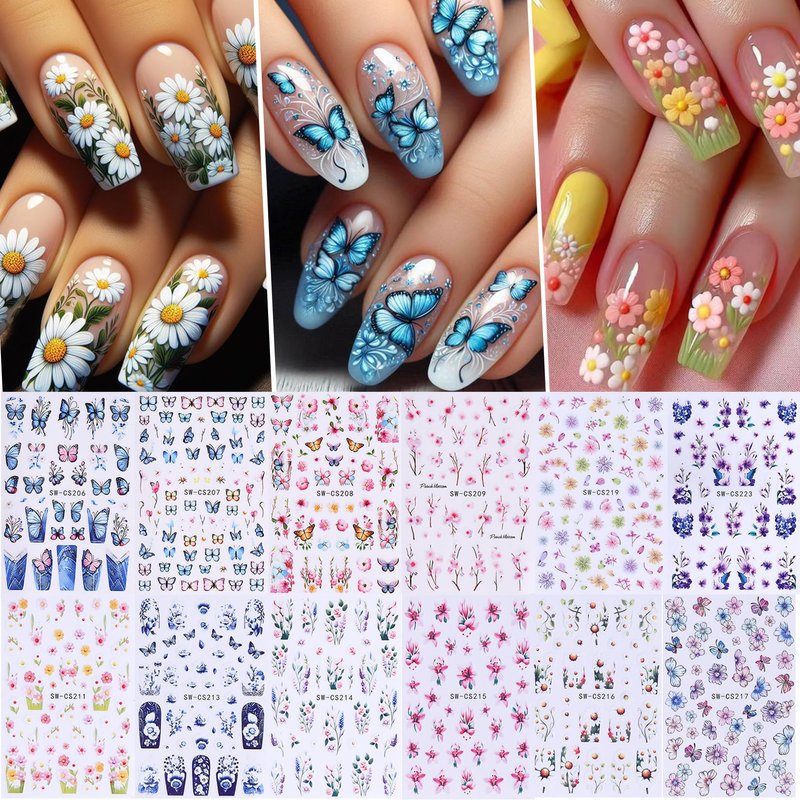 Flower Stickers for Nail Art Decals - 12 Sheets Spring Butterfly Nail Stickers with Tweezers 3D Floral Leaves Plant Nail Art Designs DIY Self Adhesive Daisy Blossom Nail Supplies Decorations