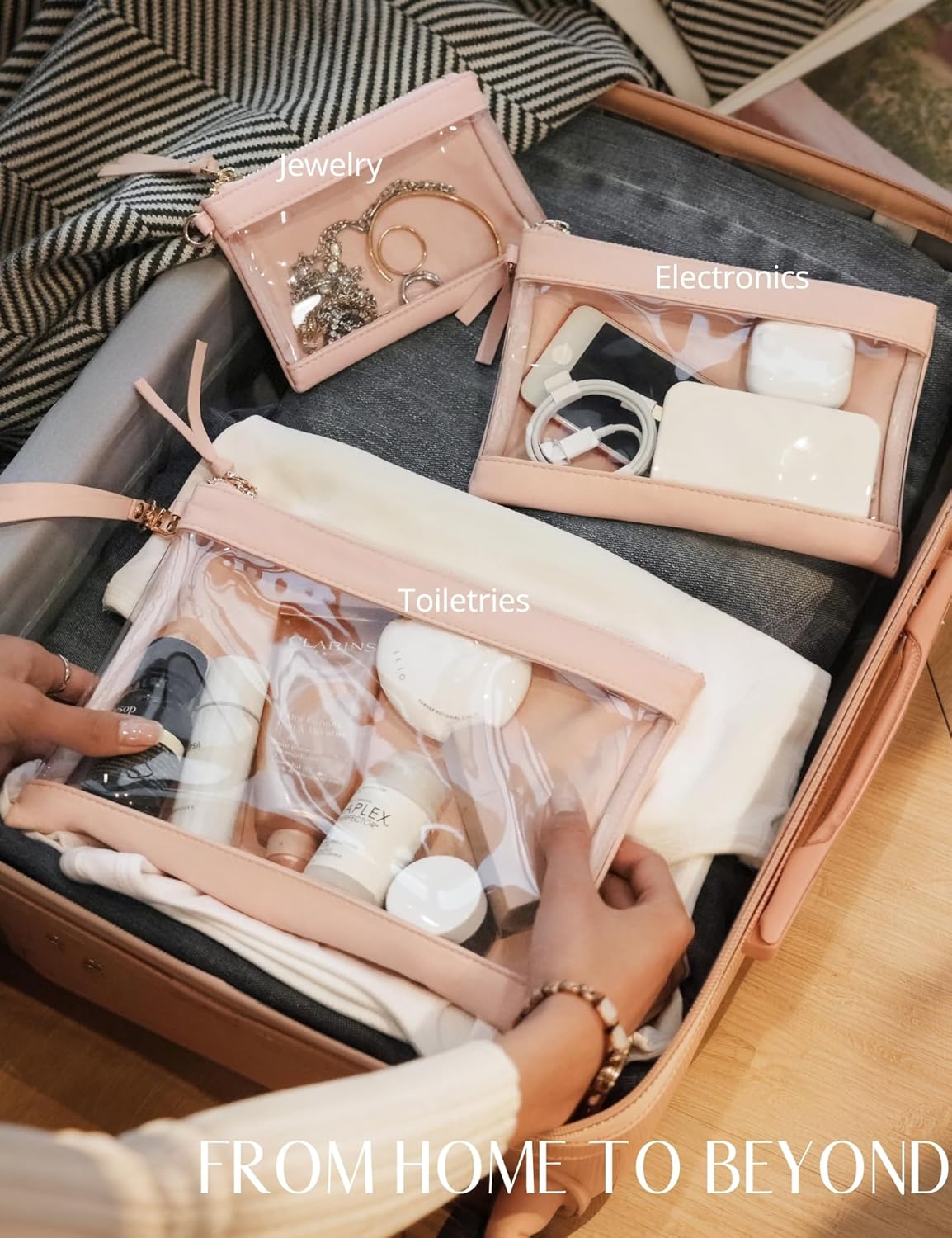 Clear Makeup Bag Organizer - Travel Pouches for Women | Zipper Toiletry Set - 3 Pack in Nude Pink