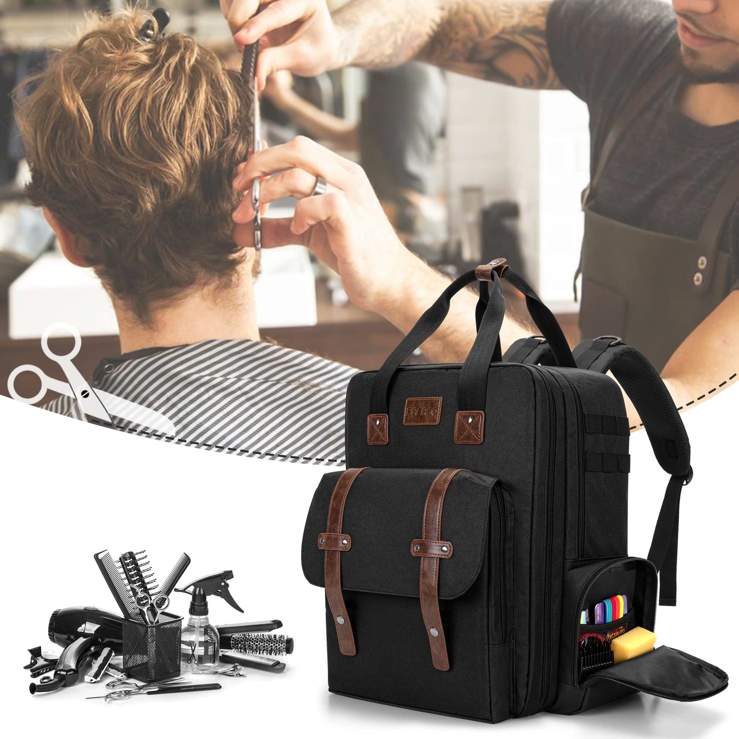 BAFASO Large Capacity Barber Case, Travel Hairdresser Bag Holds Various Hair Cutting Tools, Black