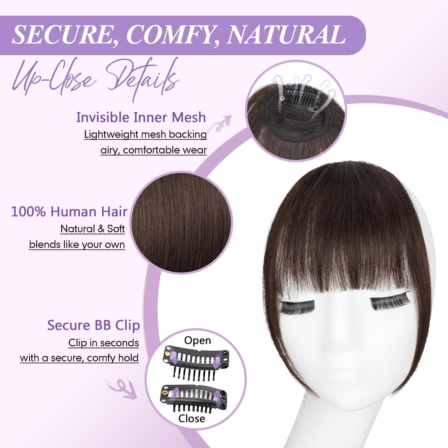 Yorda Bangs Hair Clip 100% Human Hair Clip in Bangs Fringe with Temples Wispy/French Bangs for Women Natural Looking for Daily Use (Wispy Bangs, Dark Brown)