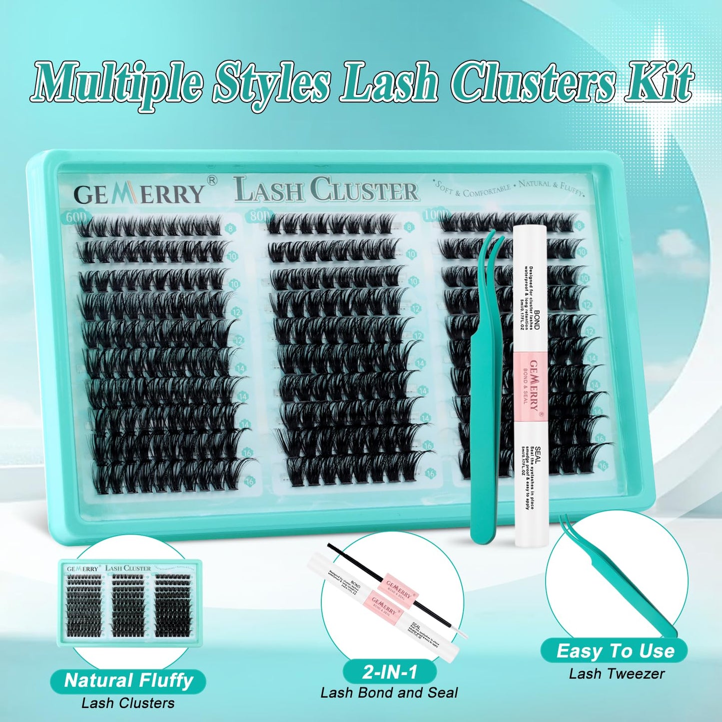 GEMERRY Lash Clusters Kit, Eyelash Clusters Thin Band Lashes Clusters Natural Look Eyelash Extension Kit With Lashes Bond Seal Eyelashes Tweezers (60D+80D+100D,3PCS)