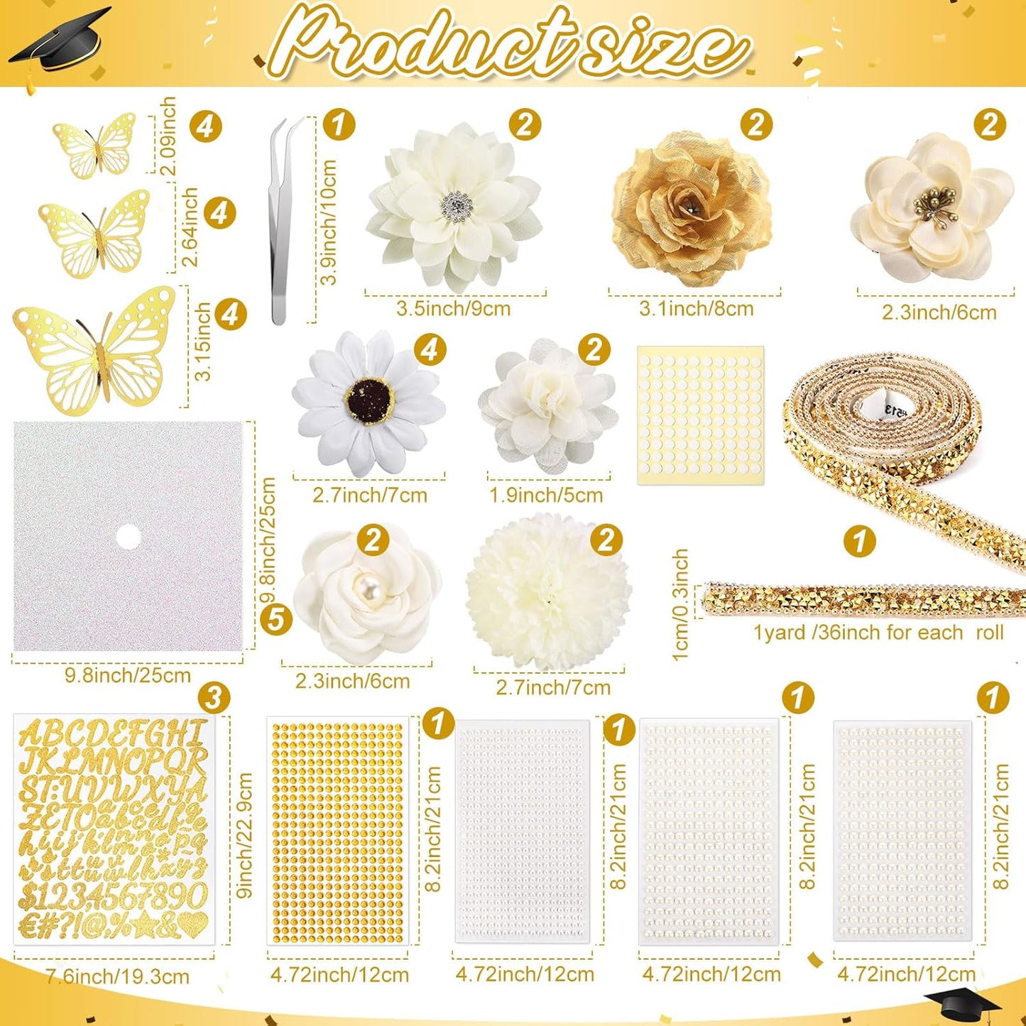 DIY Graduation Cap Decorations Kit - 43 PCS with Faux Flowers, 3D Butterflies & Rhinestone Stickers | Perfect for 2026 Grad Party (White)