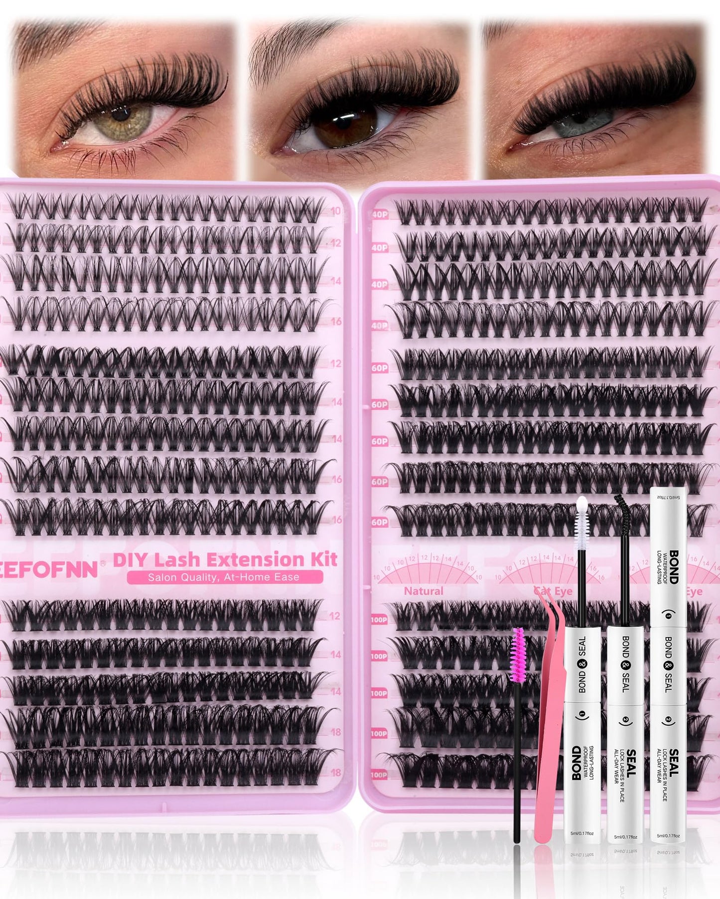 Eefofnn Lash Clusters Wispy Eyelash Extension Kit 560pcs Individual Lashes 30D+40D+50D+60D+80D+100D Eyelash Clusters Kit 10-16mm Cluster Eyelash Extensions with Bond and Seal, Tweezers by Eefofnn