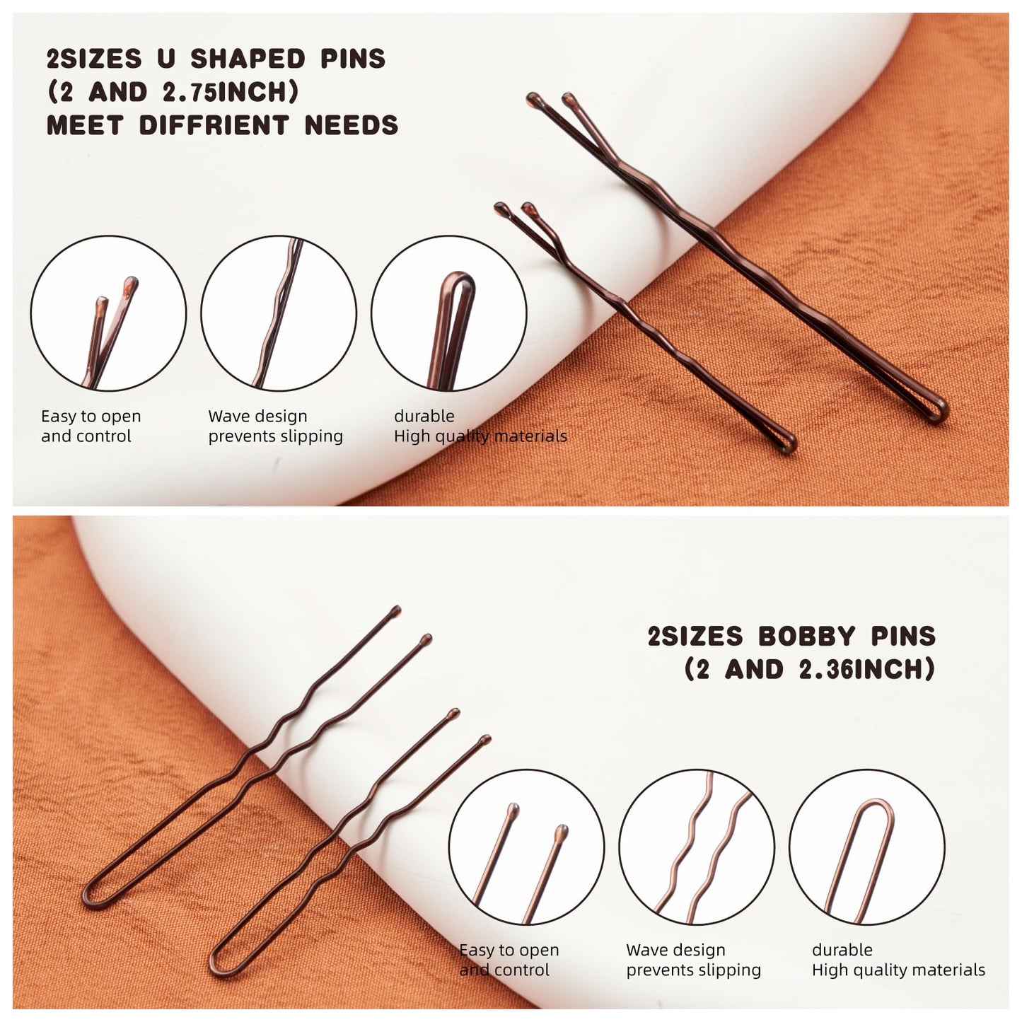 400 PCS Bobby Pins Hair Pins Kit - 100 Brown, 100 U Shape, 200 Hair Bands for Women Girls, Non-Slip Metal Pins, Strong Hold Hair Accessories for Daily Styling and Updos