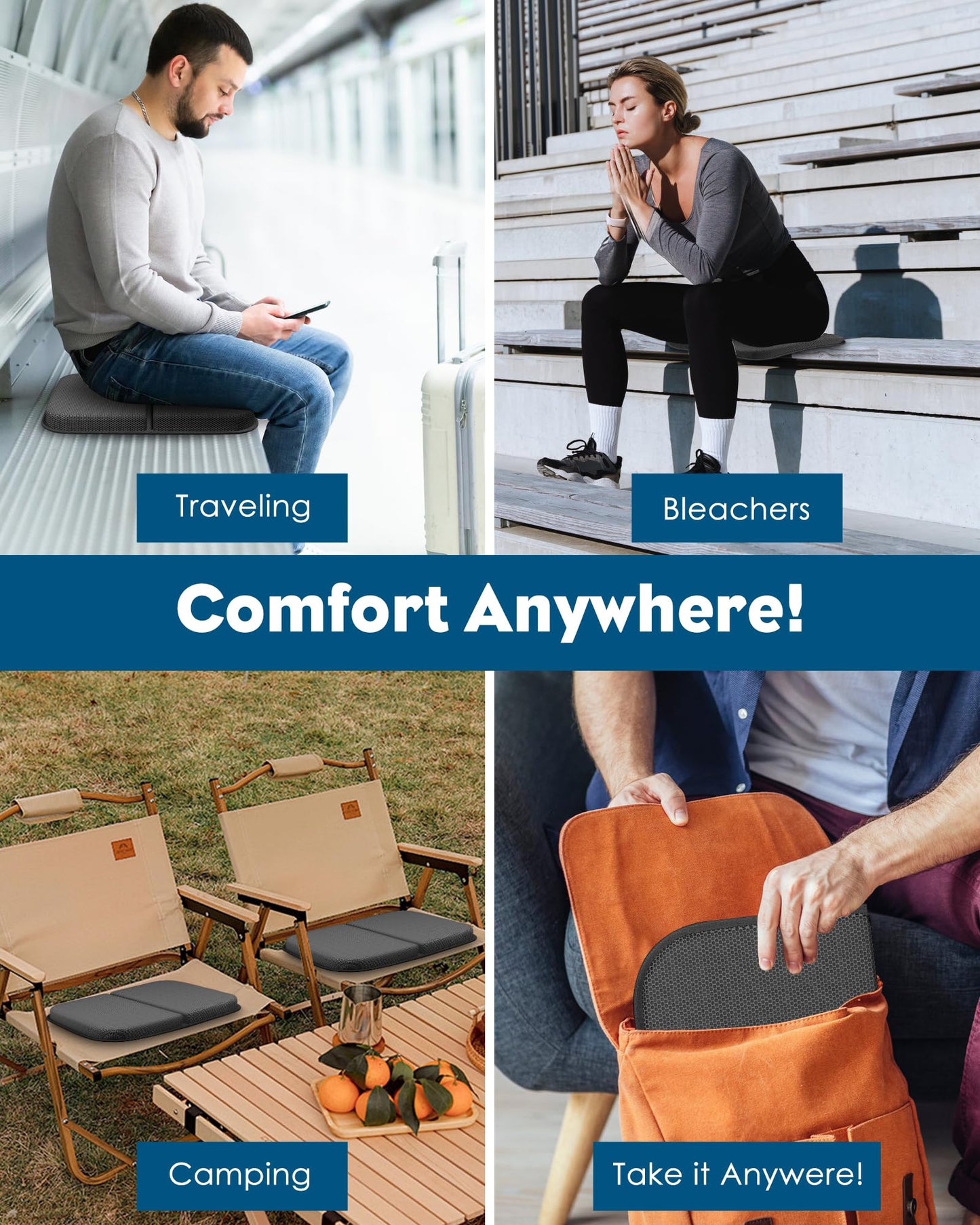 Rexley Gel Travel Seat Cushion, Portable Airplane Seat Cushion, 14.5" x 10.5" Foldable for Airplane Seats, Office Chair, Camping, Bleachers, Flights, Commute