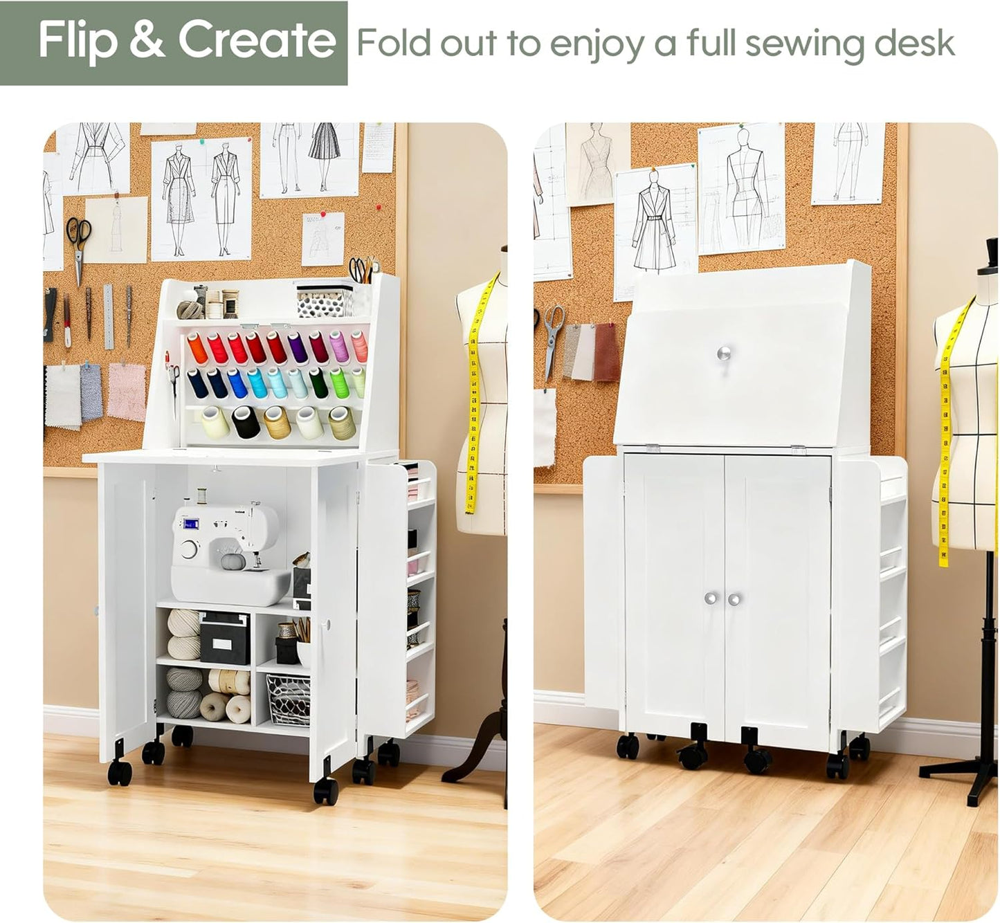 Portable Sewing Table - Folding Sewing Machine Cabinet with Charging Station | 23 Spools Thread Rack for Small Spaces (White)