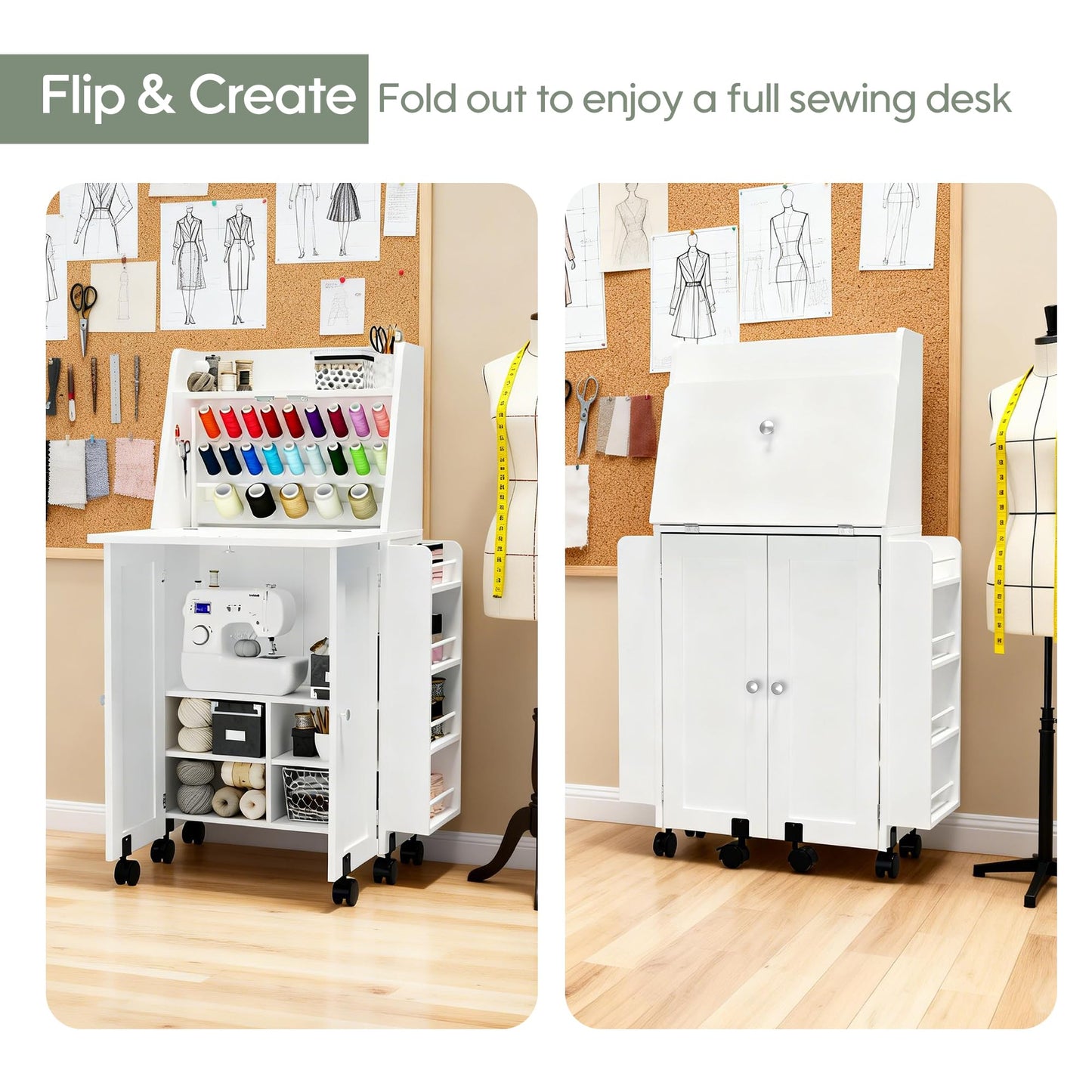 DUDUSHIMAN Portable Sewing Table, Folding Sewing Machine Cabinet Desk with Charging Station, 23 Spools Thread Rack,Sewing Cabinet with Expandable Desk, for Home or Studio Small Spaces (White)