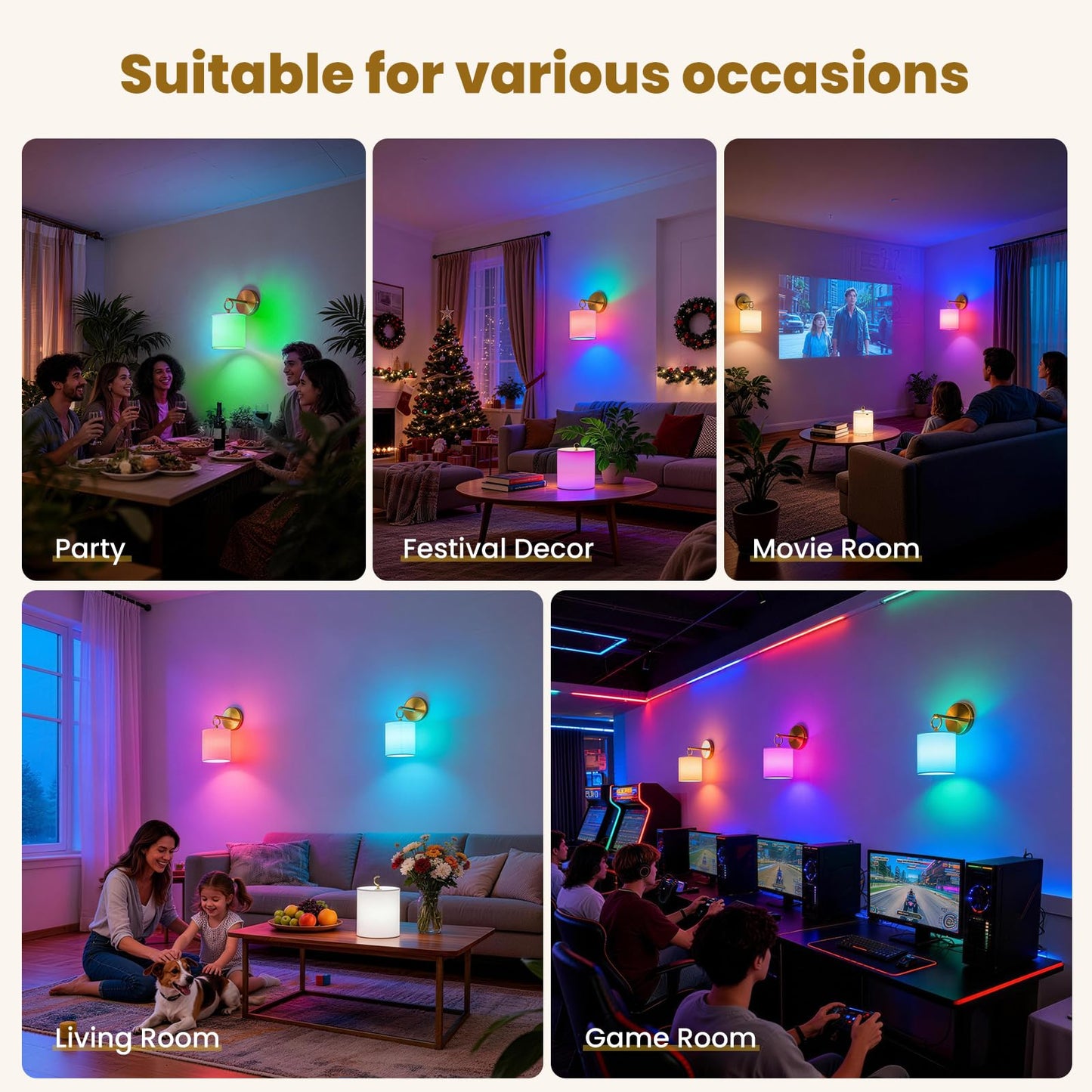 Detachable Wall Sconces Battery Operated With Hanging Hook,10000mah Battery Operated Wireless Wall Sconces Set of Two,12 RGB Gold Sconce With Remote,Renter Friendly Wall Lamps for Living Room,Bedroom