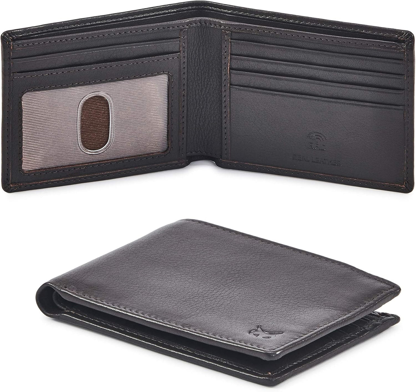 Real Leather Mens Bifold Wallet | RFID Blocking Slim Minimalist Design - Thin & Stylish with ID Window in Gift Box (Crazy Horse, Coffee)