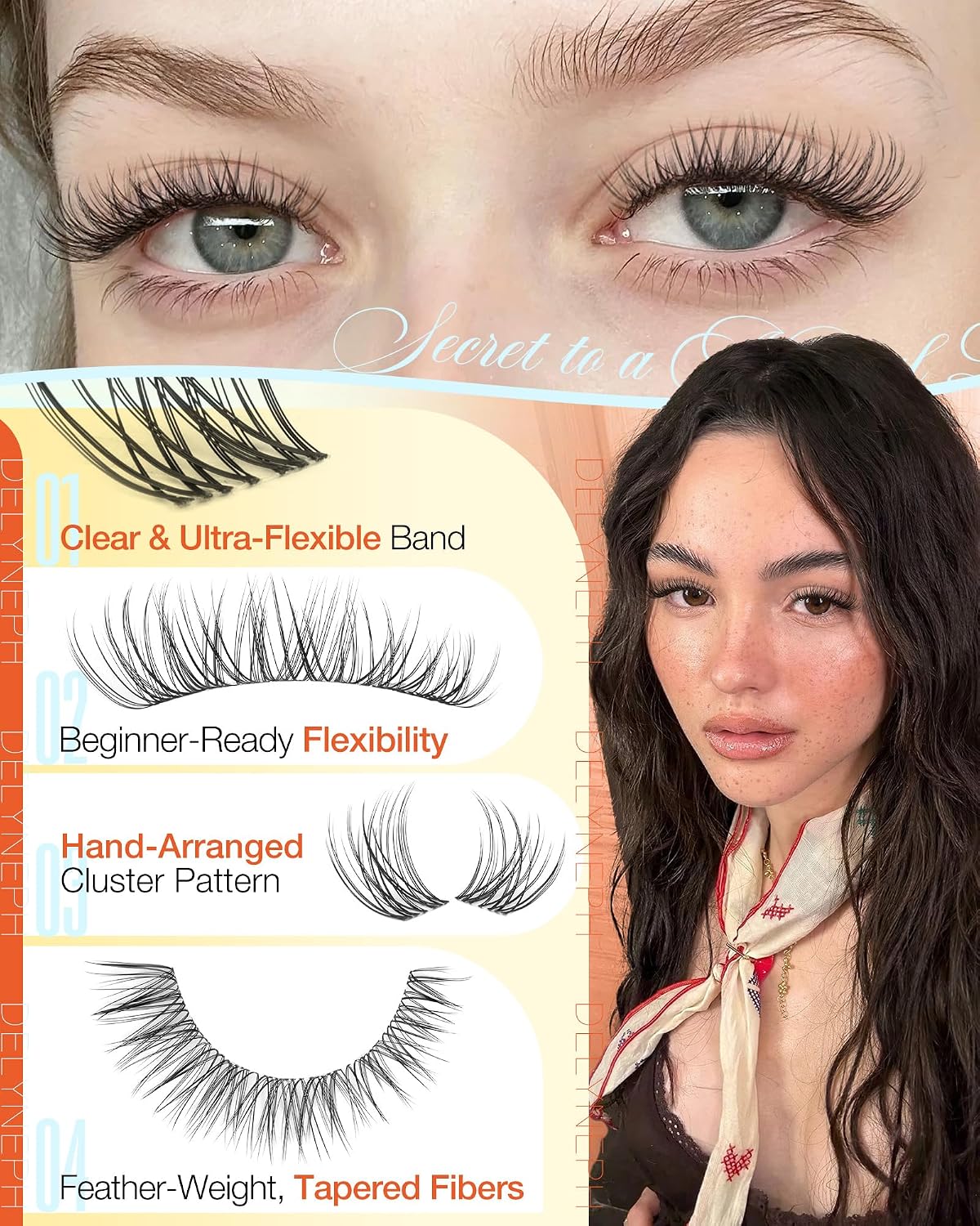Natural Lash Clusters - Wispy Eyelash Extensions with Clear Band | C Curl, 10-16mm Individual Lashes