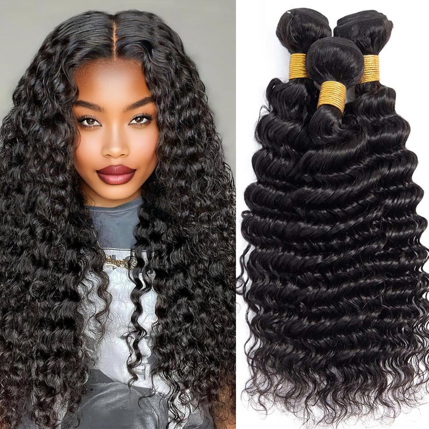 Deep Wave Human Hair Bundles, 13A Curly Bundles Human Hair, Wet and Wavy 100% Brazilian Virgin Quick Weave Deep Wave Bundle for Women (Bundles Natural Black)