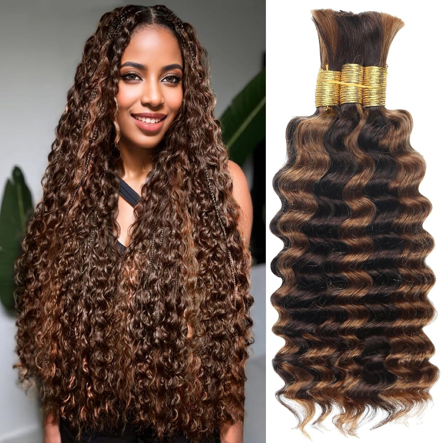 Human Braiding Hair - Ombre Deep Water Wave | 150g 16 Inch Curly Braiding Bundles, 1B/30 Highlights
