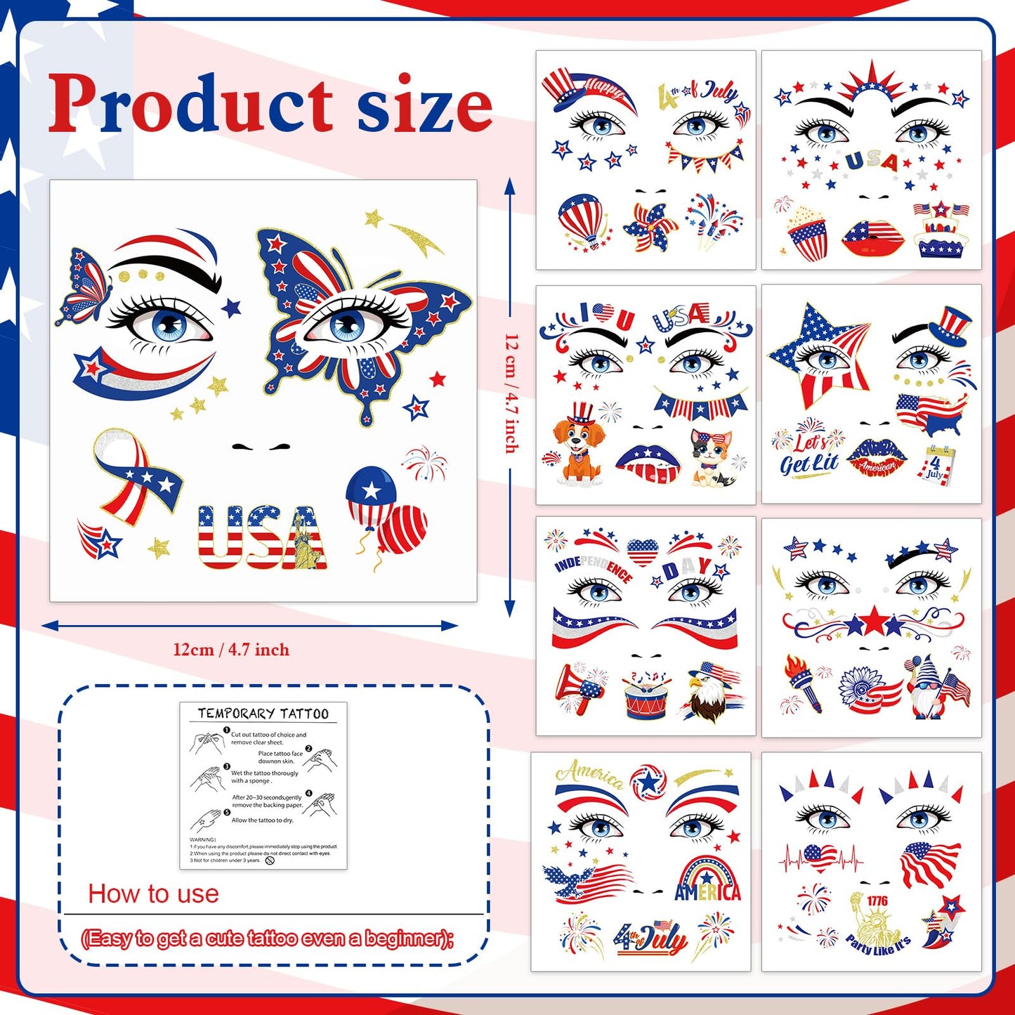 HOWAF 9 Sheets USA Glitter Face Tattoos, 4th of July Face Art Temporary Tattoo for USA Patriotic Parades Celebrations, Red White Blue Face Tattoos Stickers for Independence Day Supplies