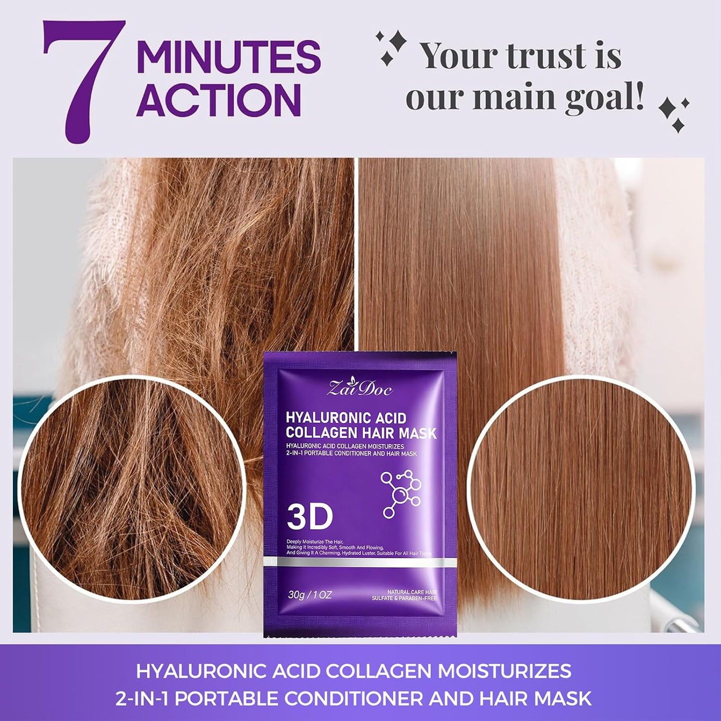 Portable Hair Conditioner Mask - 2-in-1 Hyaluronic Acid & Collagen | Deep Moisturizing Treatment for Dry, Damaged Hair - Travel Size 1oz