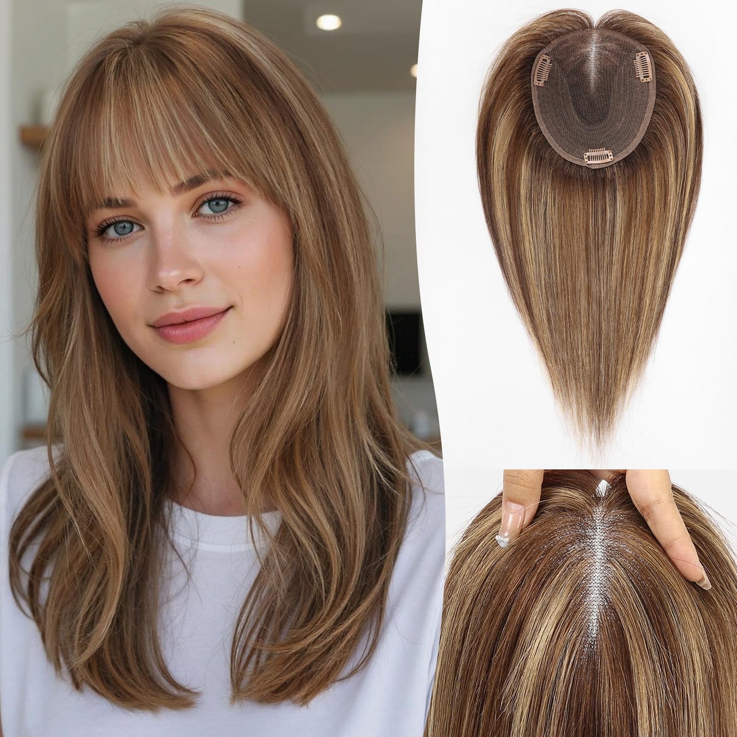 Wear but free KKU Hair Toppers for Women Real Human Hair, 6" × 5" Lager Swiss Lace Base 100% Human Hair Toppers for Women, Covering Thining Hair(14Inch with Bangs,Mixed Brown)