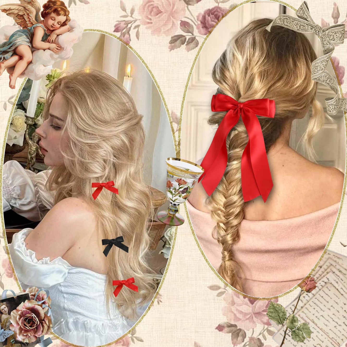 STGDAK Valentine's Day Hair Bows Ribbon Long Tails Double Layer Bow Clips Mini Bow Barrettes Small Bowknot Clip Ponytail Holder Black Red Hair Accessories For Girls Women Valentines Party Prom