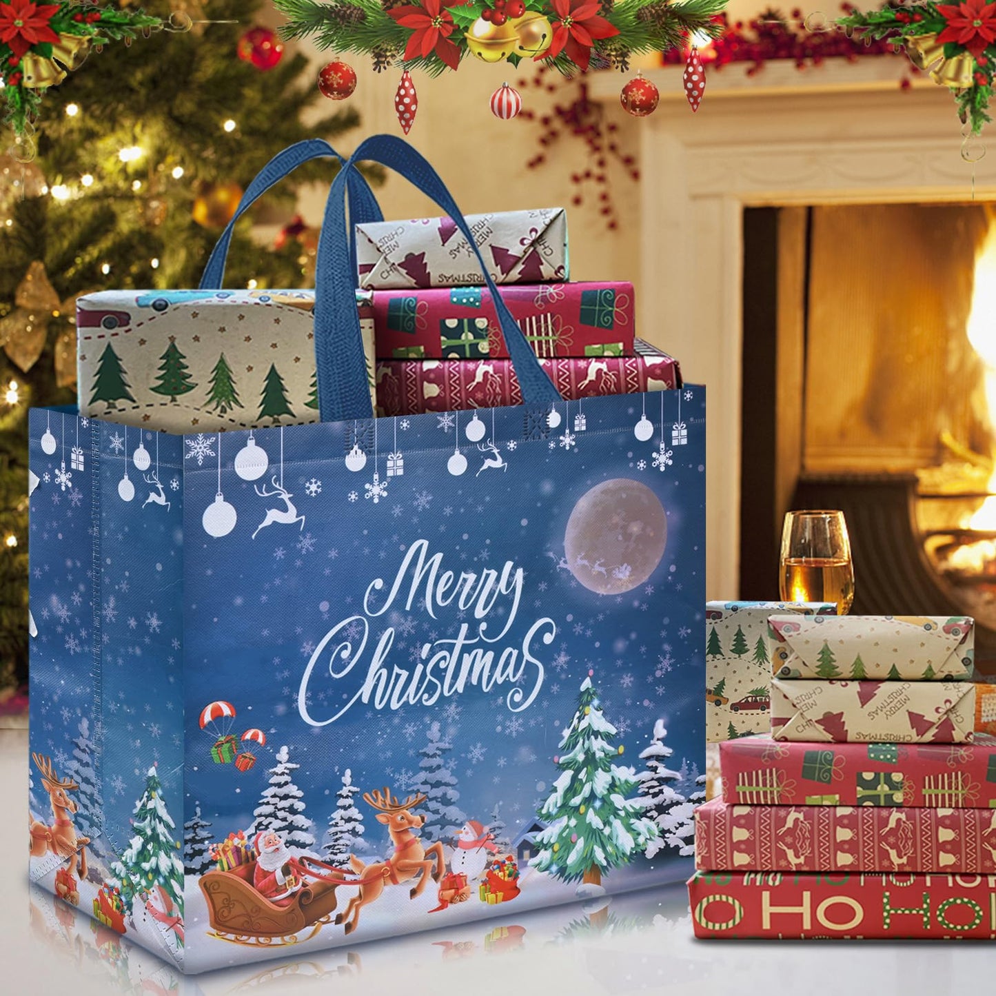 AhfuLife 12PCS Extra Large Christmas Gift Bags, 15.7'' x 14.2''x 5.9'', Christmas Tote Bags with Handles, Reusable Non-woven Shopping Bag for Xmas's Party Supplies New Year Decorations