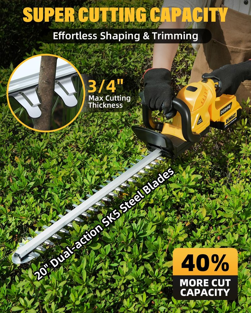 DGQHME Electric Hedge Trimmer Cordless, Compatible with Dw 20V MAX Battery, Lightweight Hedge Trimmers,3000RPM 180° Rotating Head,3/4" Blade Gap(Battery Not Included)