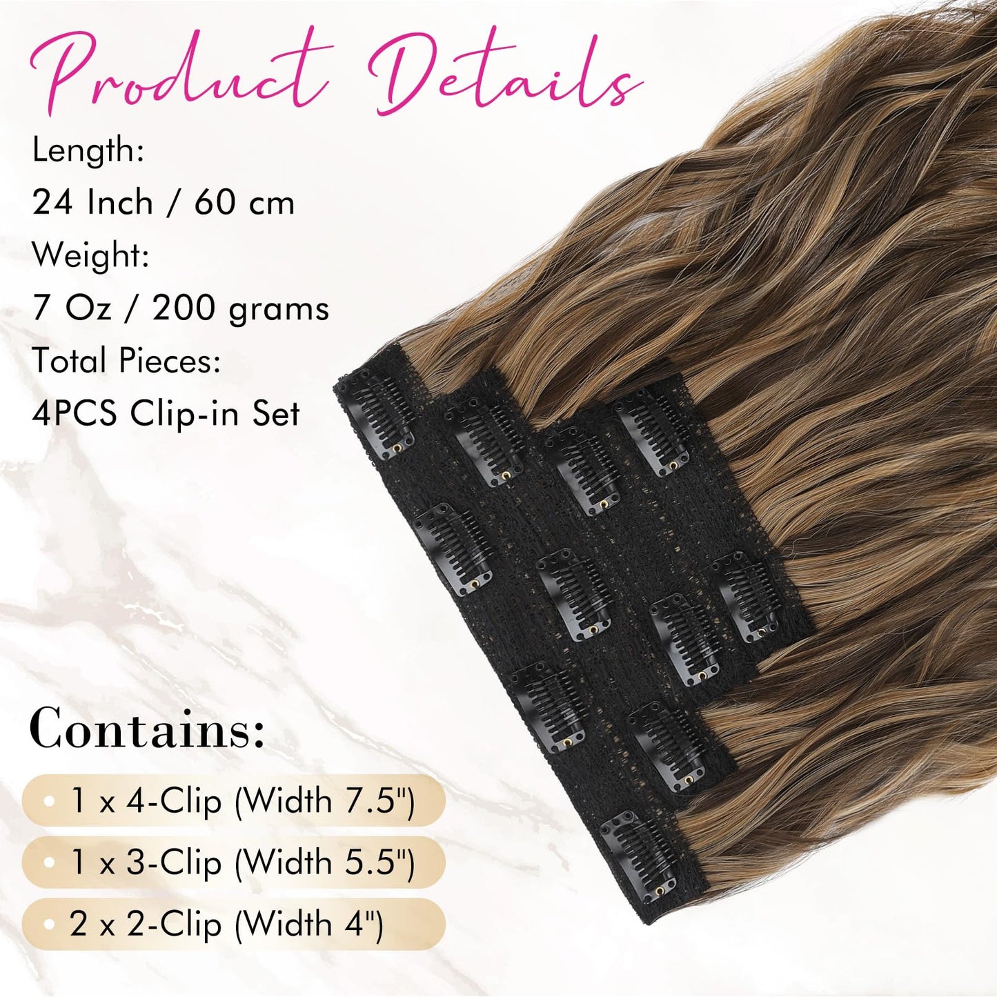 REECHO Hair Extensions,4PCS Clip in Extensions 24''Thick Long Brown hair extensions HE003 Invisible Lace Weft Natural Synthetic Hairpieces– Chocolate Brown with Blonde Highlights(4PC278)