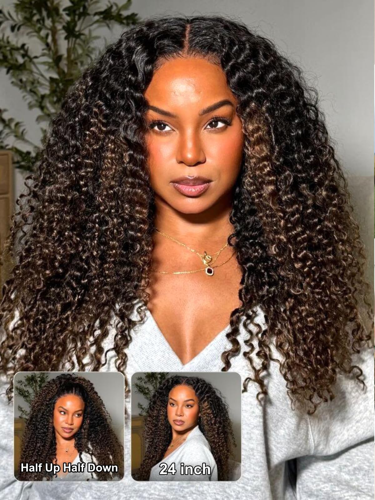 UNICE Burmese Curly Human Hair Wig with Finger Coil Ends Glueless 7x5 Lace Front Drawstring Wig Pre Plucked Pre Cut Put On and Go Black to Chestnut Brown Ombre 18 inch