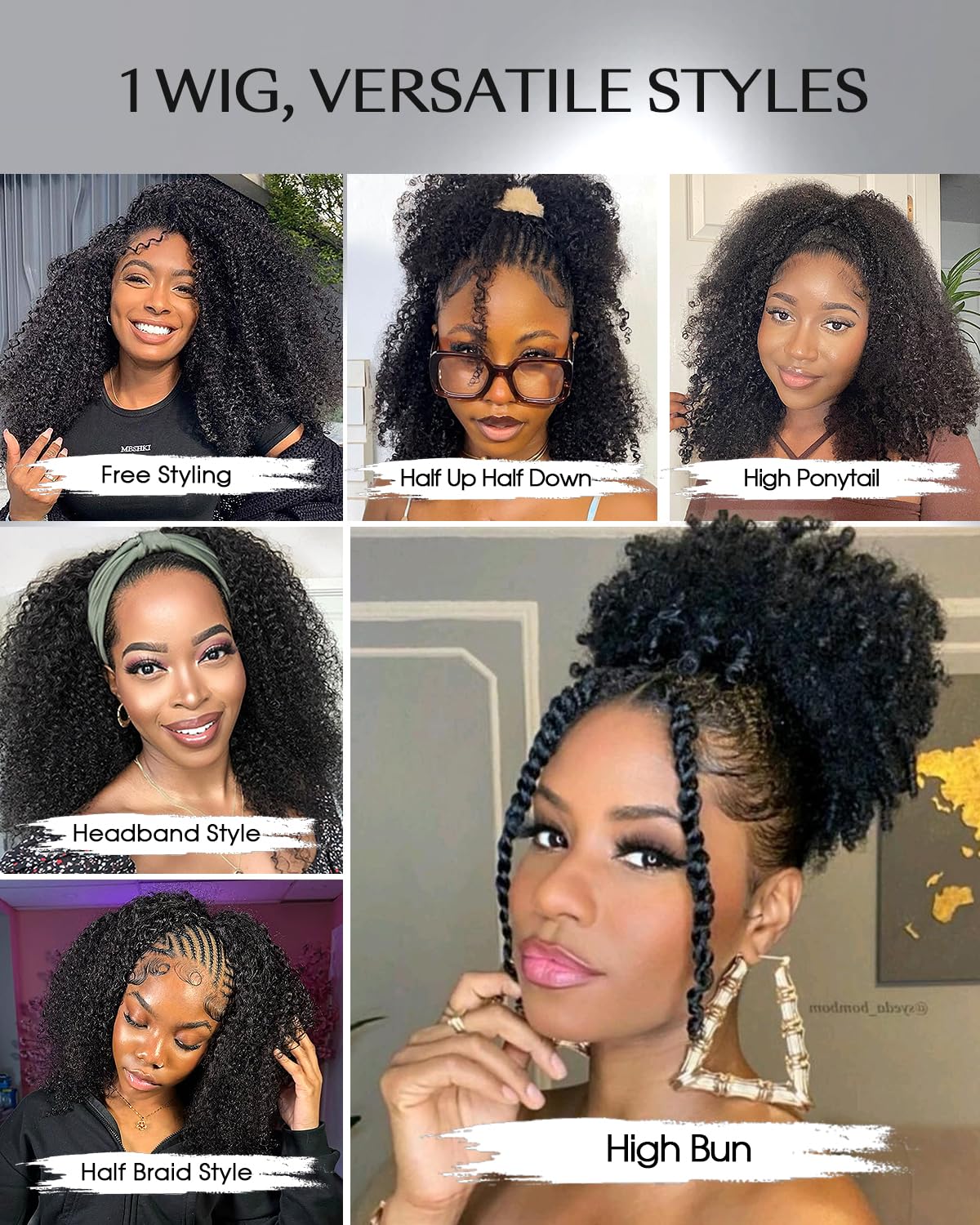 Kinky Curly Half Wig - 200% Density Human Hair | Glueless 3-in-1 Flip Over Headband Wig for Women - 16 Inch