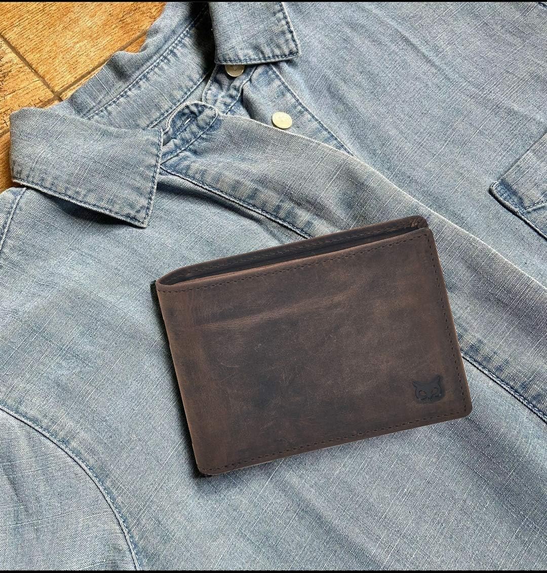 Real Leather Mens Bifold Wallet | RFID Blocking Slim Minimalist Design - Thin & Stylish with ID Window in Gift Box (Crazy Horse, Coffee)