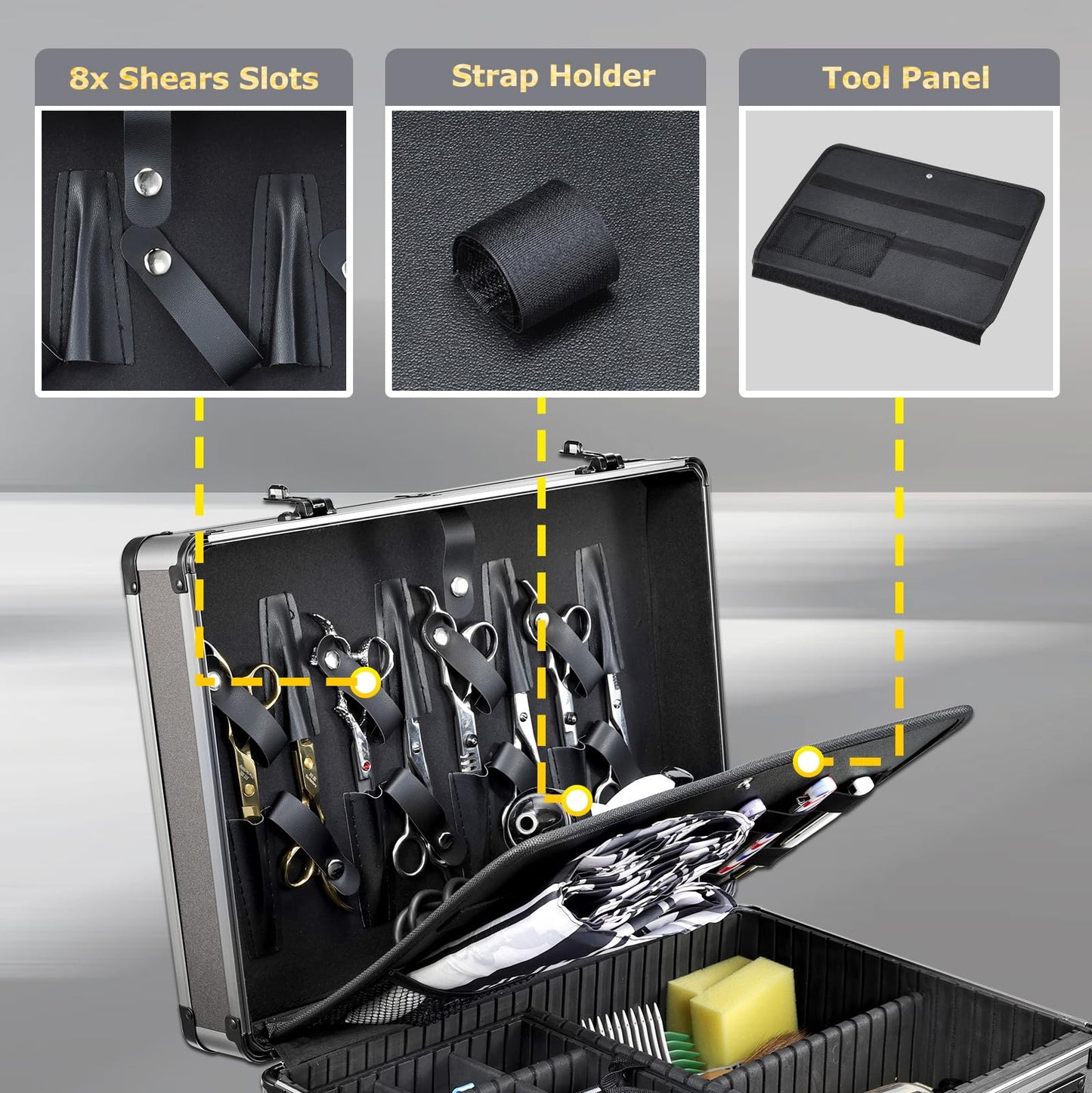 Yueieoun Professional Barber Case with Barber Clipper Tray Organizer, 6 Adjustable Clipper Slots & 8 Shear Holders, Portable Barber Carrying Case for Hair Tools & Supplies with Combo Locks