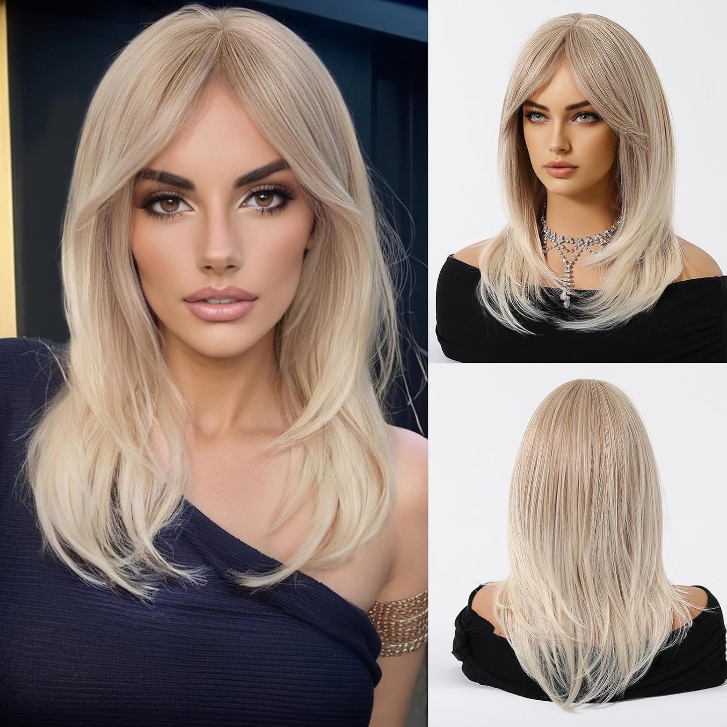 Long Layered Blonde Wig - Synthetic Hair with Bangs | Natural Wavy, Heat Resistant for Daily & Party Wear