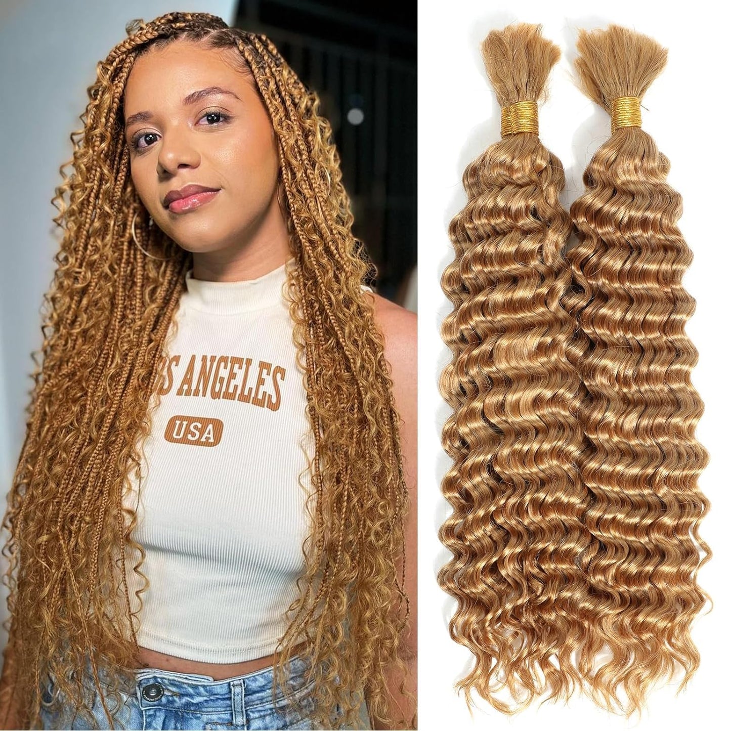Giginger 27 Honey Blonde Deep Water Wave Bulk Human Braiding Hair 100g 2 Bundles Per 50g 20 Inch Braiding Hair No Weft Brazilian Virgin Deep Curly Human Hair Extensions for Boho Braids