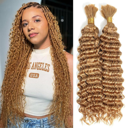 Giginger 27 Honey Blonde Deep Water Wave Bulk Human Braiding Hair 100g 2 Bundles Per 50g 20 Inch Braiding Hair No Weft Brazilian Virgin Deep Curly Human Hair Extensions for Boho Braids