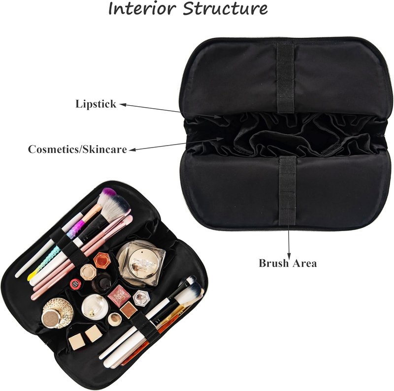 Travel Makeup Bag - Waterproof Stand Up Cosmetic Organizer with Brush Holders | Medium Black Design for Skincare & Toiletries