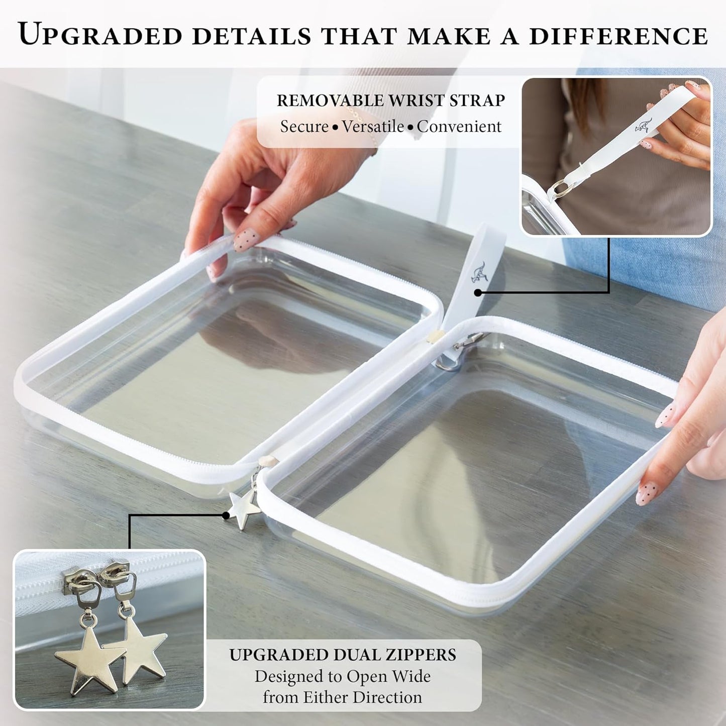 Clear Hard Shell Zipper Case Set - 3 Large Travel Organizers, 120s Thick PET Plastic, Dual Zippers & Charms | Removable Straps & Labels