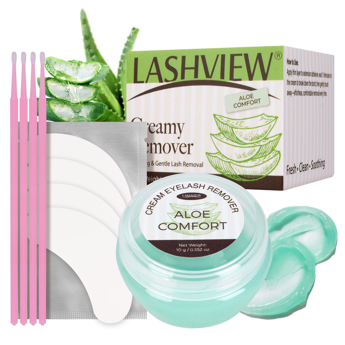 LASHVIEW Eyelash Extension Remover Cream 10g - Gentle Aloe Vera Formula | Hypoallergenic & Low Irritation | Lash Removal Kit with Eye Patches & Cotton Swabs